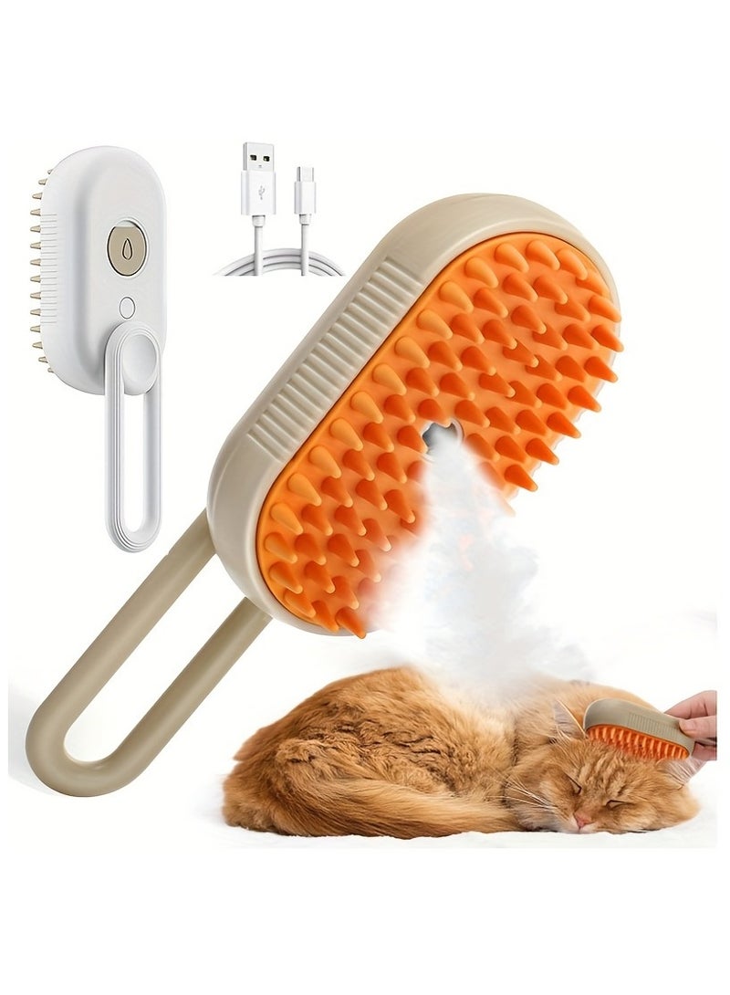 USB Rechargeable Cat Grooming Brush with Steam & Water Spray - Orange Silicone Massage Comb for Loose Fur Removal, Detangling & Coat Care (Includes Adapter/Hose) - Image 1