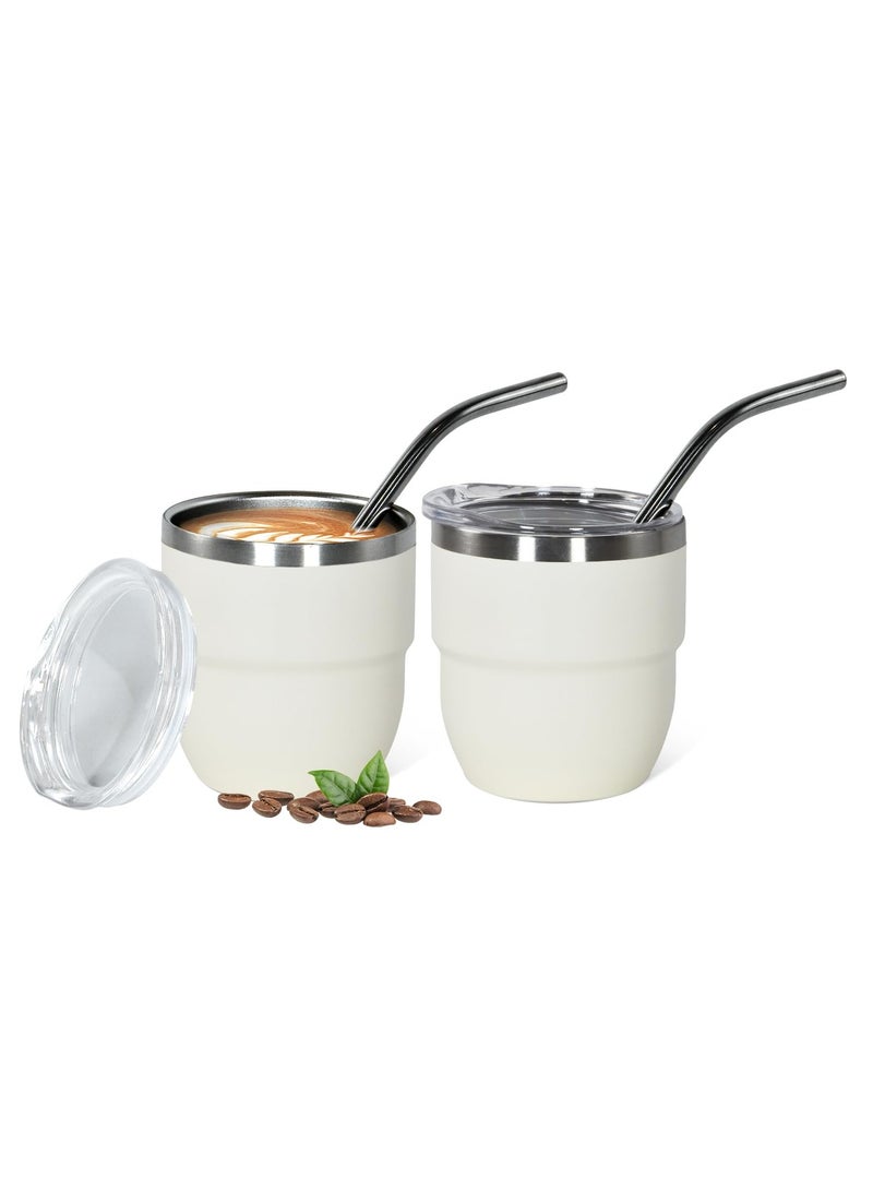 White vacuum insulated cup, espresso-style Italian coffee stainless steel insulated cup set of 2, 4-ounce stackable coffee cups, with straw and lid, double-layer mini insulated cup - Image 1