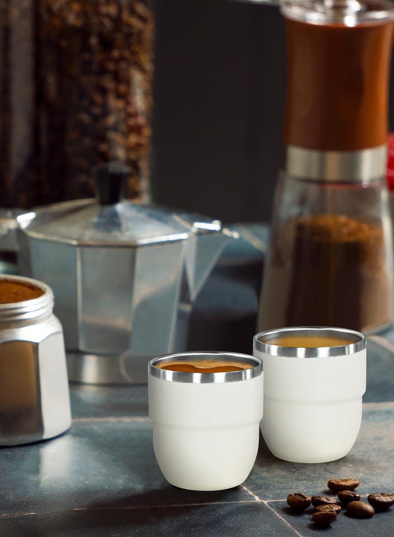 White vacuum insulated cup, espresso-style Italian coffee stainless steel insulated cup set of 2, 4-ounce stackable coffee cups, with straw and lid, double-layer mini insulated cup - Image 2