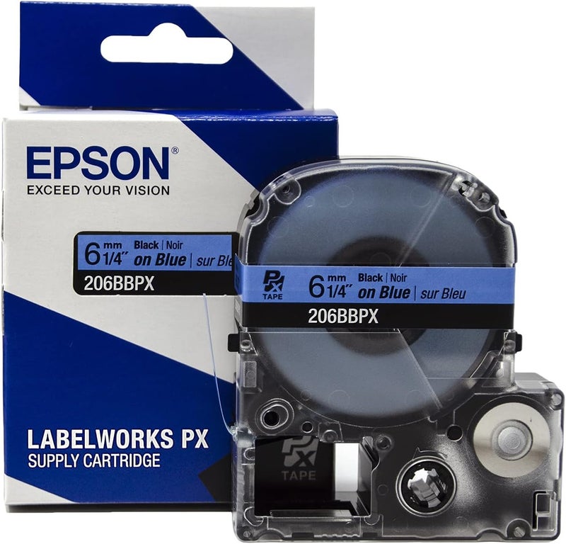 LABELWORKS Epson 206BBPX Genuine PET (Polyester) Tape Cartridge - Black on Blue Label Maker Tape - 1/4" (6MM) Wide, 30' - Image 1