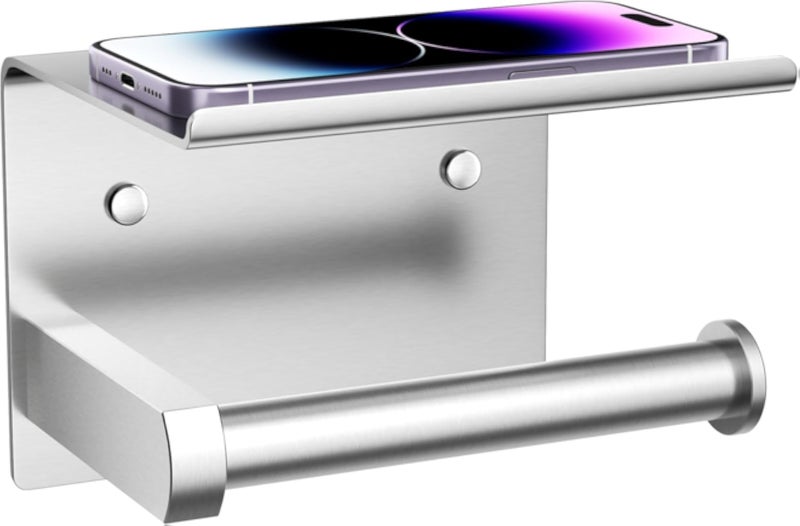 Toilet Paper Holder with Phone Shelf 304 Stainless Steel Wall Mounted Toilet Paper Roll Holder - Rustproof and Bathroom Washroom Tissue Roll Holder with Storage Shelf - Silver