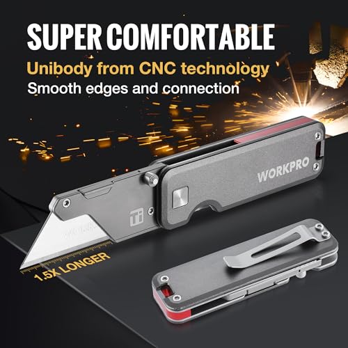 WORKPRO Premium Titanium Utility Knife, CNC Unibody, Lightweight Aluminium Handle Folding Box Cutter, Quick Change Blade Razor Knife,Ideal Gifts for Men Women, with 10 Extra Blades - Image 3