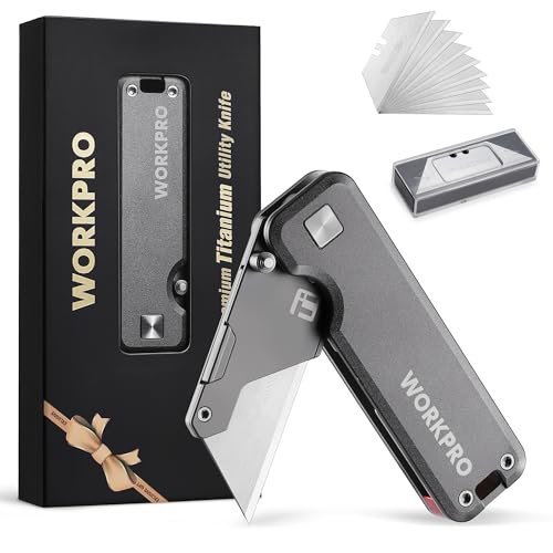 WORKPRO Premium Titanium Utility Knife, CNC Unibody, Lightweight Aluminium Handle Folding Box Cutter, Quick Change Blade Razor Knife,Ideal Gifts for Men Women, with 10 Extra Blades - Image 1