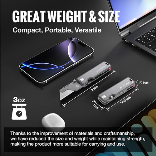 WORKPRO Premium Titanium Utility Knife, CNC Unibody, Lightweight Aluminium Handle Folding Box Cutter, Quick Change Blade Razor Knife,Ideal Gifts for Men Women, with 10 Extra Blades - Image 4