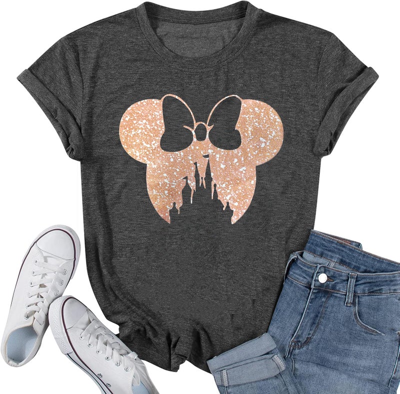 Fuaili Bows Castle Shirts for Women Cute Mouse Magic Graphic Vacation Girls Shirts Grey L - Image 1