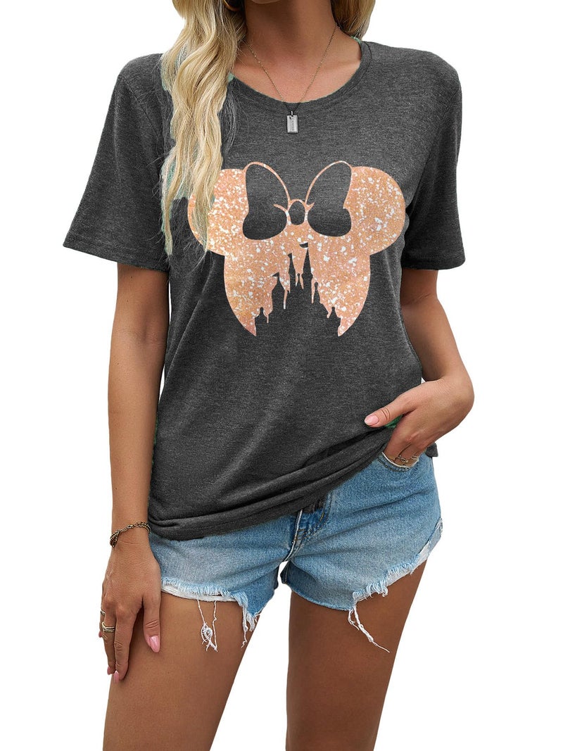 Fuaili Bows Castle Shirts for Women Cute Mouse Magic Graphic Vacation Girls Shirts Grey L - Image 2