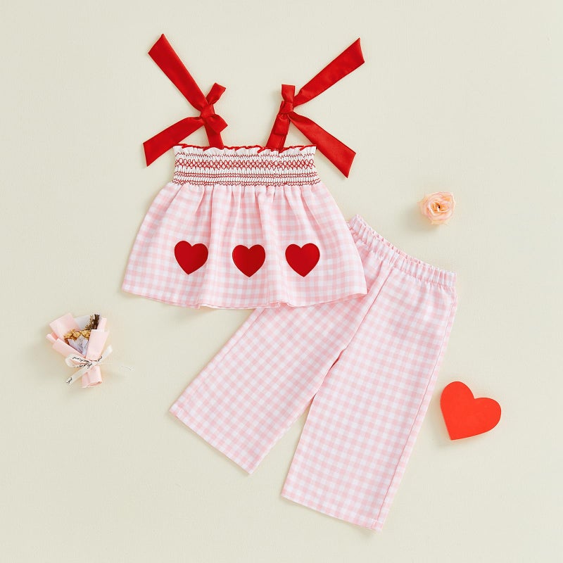 JLKGICF Toddler Baby Girl Valentines Outfit Plaid Love Heart Patch Smocked Tie Shoulder Tops and Pants Baby Summer Clothes (Pink, 2-3T) - Image 3