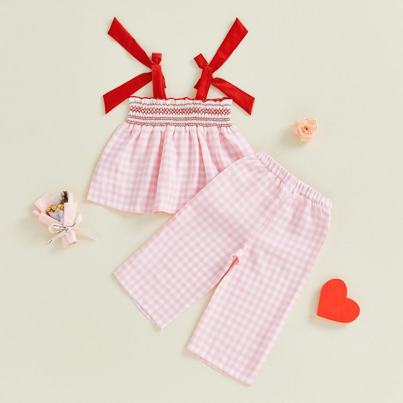 JLKGICF Toddler Baby Girl Valentines Outfit Plaid Love Heart Patch Smocked Tie Shoulder Tops and Pants Baby Summer Clothes (Pink, 2-3T) - Image 4