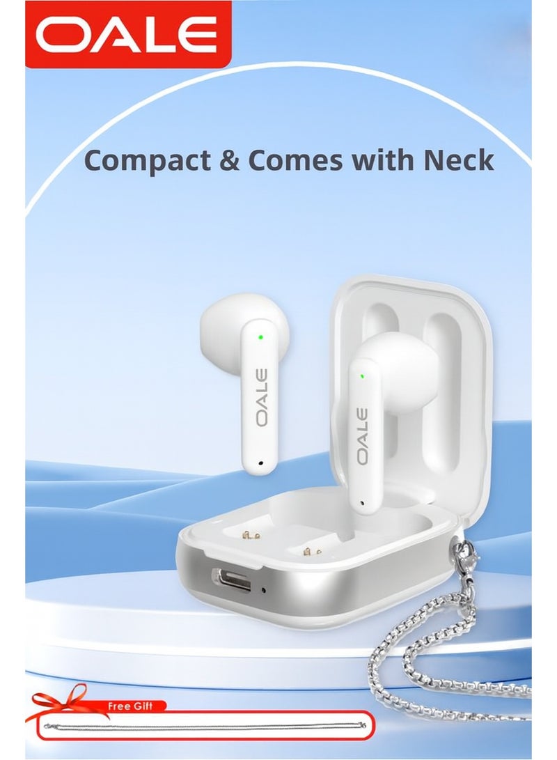 OALE iFree 14 Wireless Earbuds with ENC Noise Cancellation, Bluetooth 5.4, 35H Battery Life, Compact Design with Neck Chain, White - Image 1