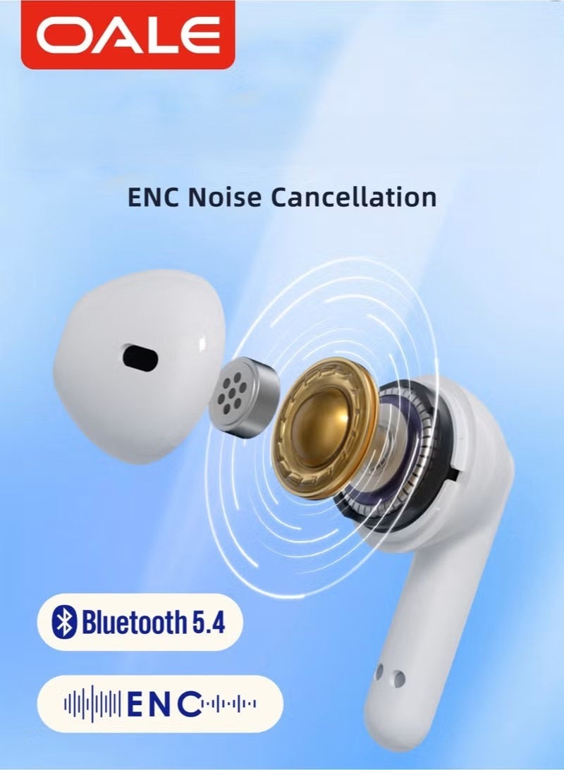 OALE iFree 14 Wireless Earbuds with ENC Noise Cancellation, Bluetooth 5.4, 35H Battery Life, Compact Design with Neck Chain, White - Image 2