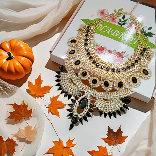 NABROJ Afro Egyptian Scepter Bib Collar Necklace for Women, Chunky Gold Statement Choker Halloween Christmas Costume Jewelry Gifts -HL23 Black and Gold - Image 3
