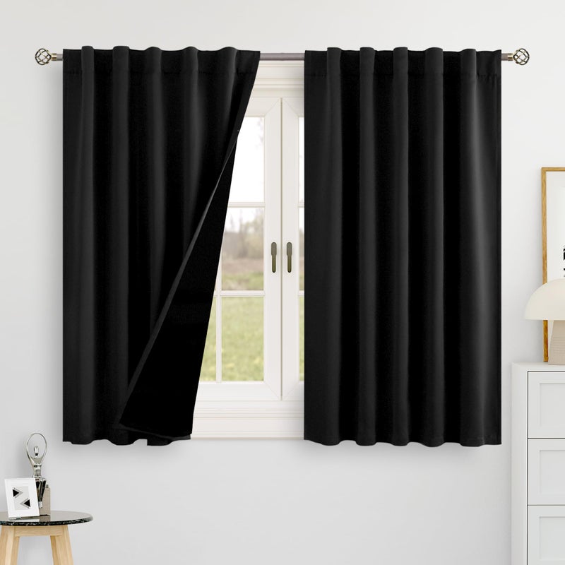 BGment Halloween Black 100% Blackout 48 Inch Curtains for Small Window  Rod Pocket and Back Tab Double Layer Black Out Thermal Insulated Room Darkening Curtain for Kitchen  2 Panels  Each 42 x 48 Inch - Image 1