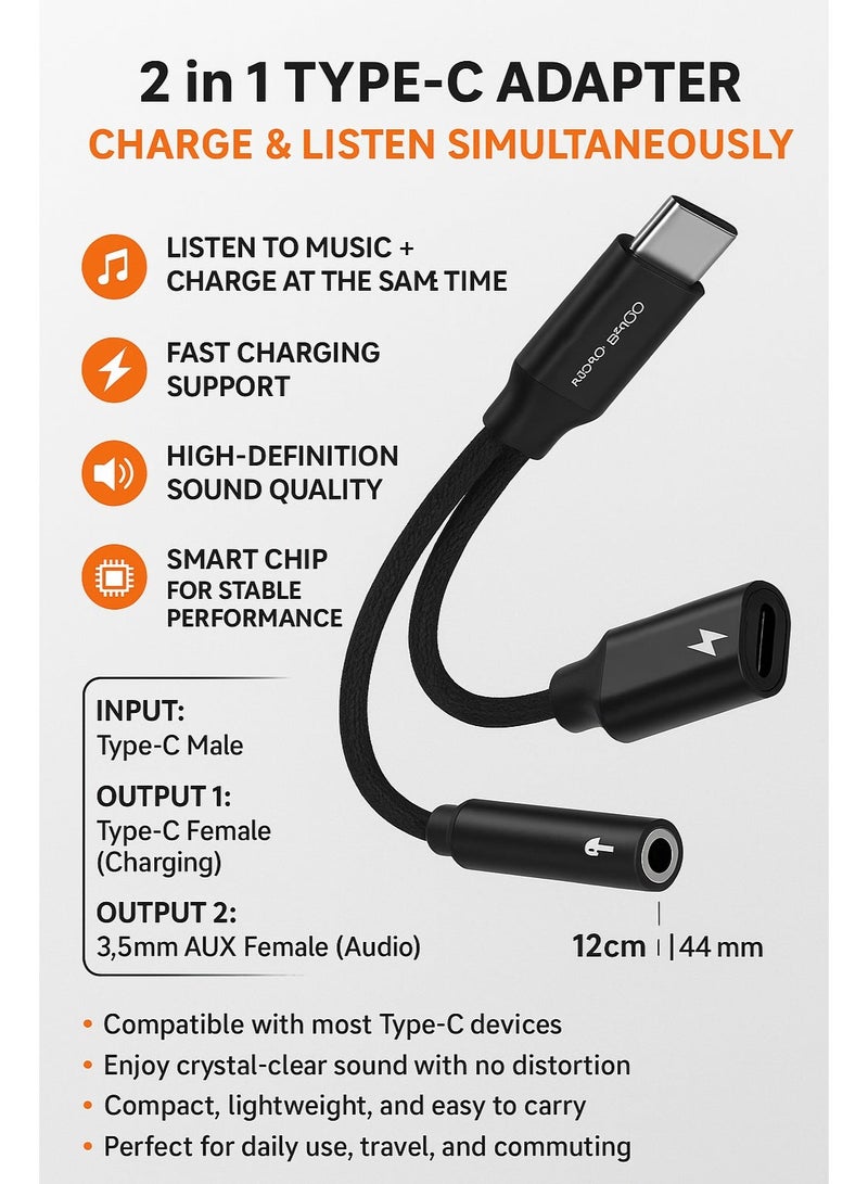 الذاكرة السريعة محول منفذ سي إلى مدخل سي ومدخل سماعة، بطول 12 سم، لون أسود – للشحن والصوت في نفس الوقت - Image 5