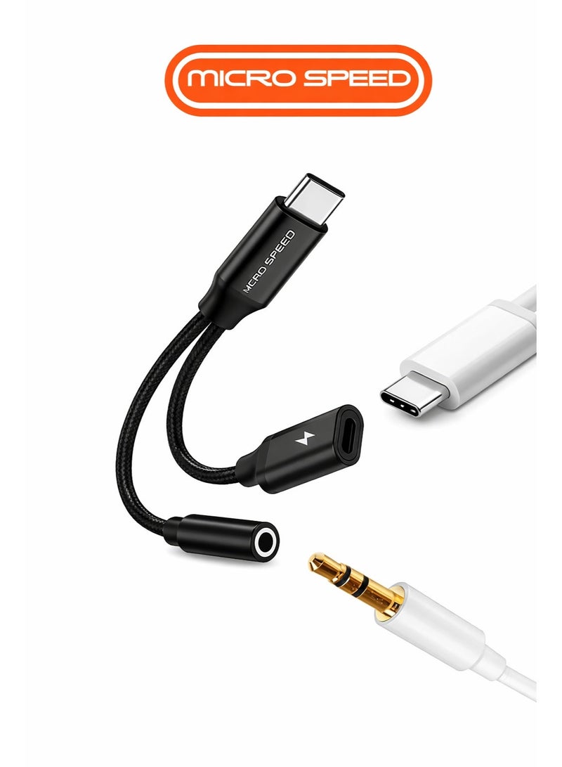 الذاكرة السريعة محول منفذ سي إلى مدخل سي ومدخل سماعة، بطول 12 سم، لون أسود – للشحن والصوت في نفس الوقت - Image 1