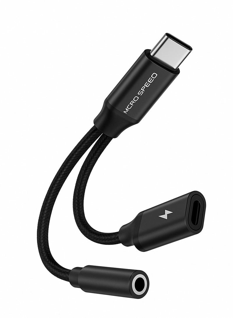 الذاكرة السريعة محول منفذ سي إلى مدخل سي ومدخل سماعة، بطول 12 سم، لون أسود – للشحن والصوت في نفس الوقت - Image 3