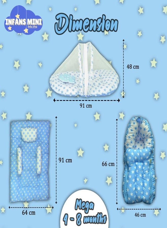 Infans Mini New Born Baby Bedding Set Premium Cotton|Baby Carry Bed|Mosquito Net Bed|Baby Sleeping Bed for 4-8 Months Babies(Mega)|Unisex 3 Pcs Portable Bedding Set |(Milky Star Blue) - Image 4