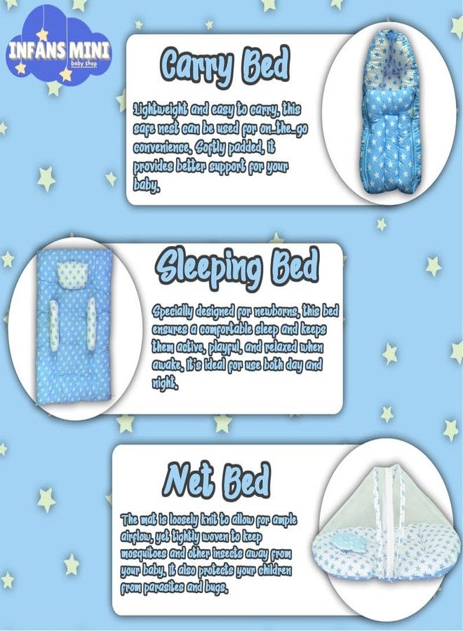 Infans Mini New Born Baby Bedding Set Premium Cotton|Baby Carry Bed|Mosquito Net Bed|Baby Sleeping Bed for 4-8 Months Babies(Mega)|Unisex 3 Pcs Portable Bedding Set |(Milky Star Blue) - Image 2