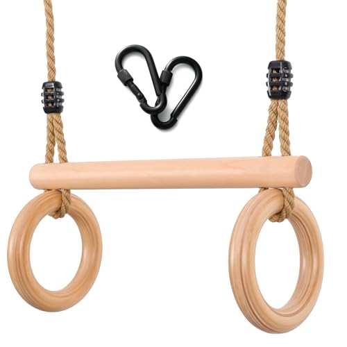 YAERSI Children's Trapeze Swing Bar with Wooden Gym Rings,Trapeze Bar for Swing Set - Image 1