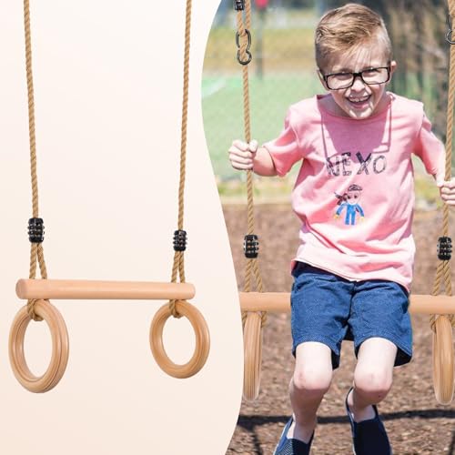 YAERSI Children's Trapeze Swing Bar with Wooden Gym Rings,Trapeze Bar for Swing Set - Image 5