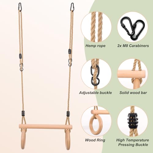 YAERSI Children's Trapeze Swing Bar with Wooden Gym Rings,Trapeze Bar for Swing Set - Image 2