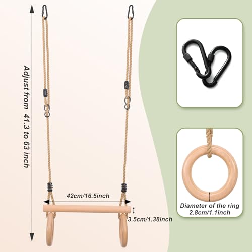 YAERSI Children's Trapeze Swing Bar with Wooden Gym Rings,Trapeze Bar for Swing Set - Image 4