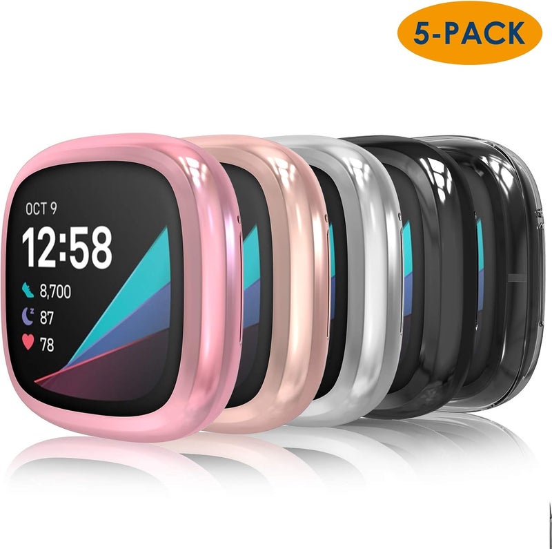 Simpeak 5Pack Full Screen Protector Case Compatible with Fitbit SenseVersa 3 Soft Slim TPU Plated Bumper Case Compatible with Fit bit Versa3 Sense Smartwatch Rose PinkRose GoldClearSilverBlack - Image 2