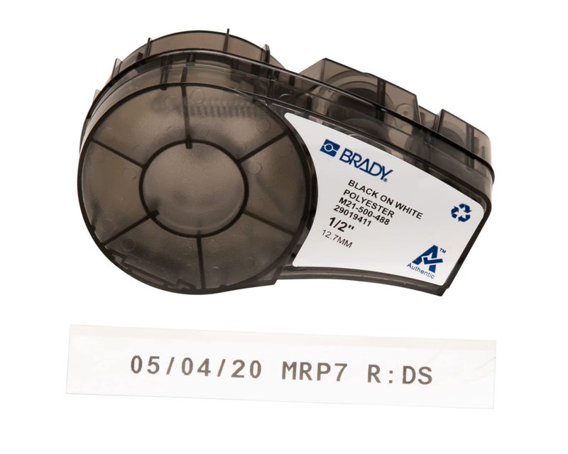 Brady Authentic (M21-500-488) Solvent-Resistant Lab Label for Lab, Barcode and Printed Circuit Board Labeling, Black on White- For M210, M210-LAB, M211, BMP21-PLUS and BMP21-LAB Printers, .5" W, 21' L - Image 1