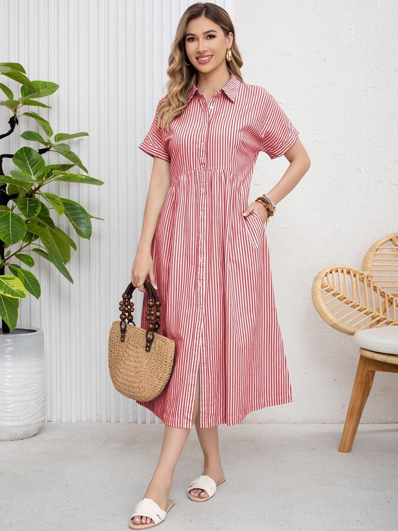 ebossy Women's Boho Striped Shirt Dress Button Up Side Slit Loose Mid Long Cotton Dress with Pockets (2XL, Rose) - Image 3