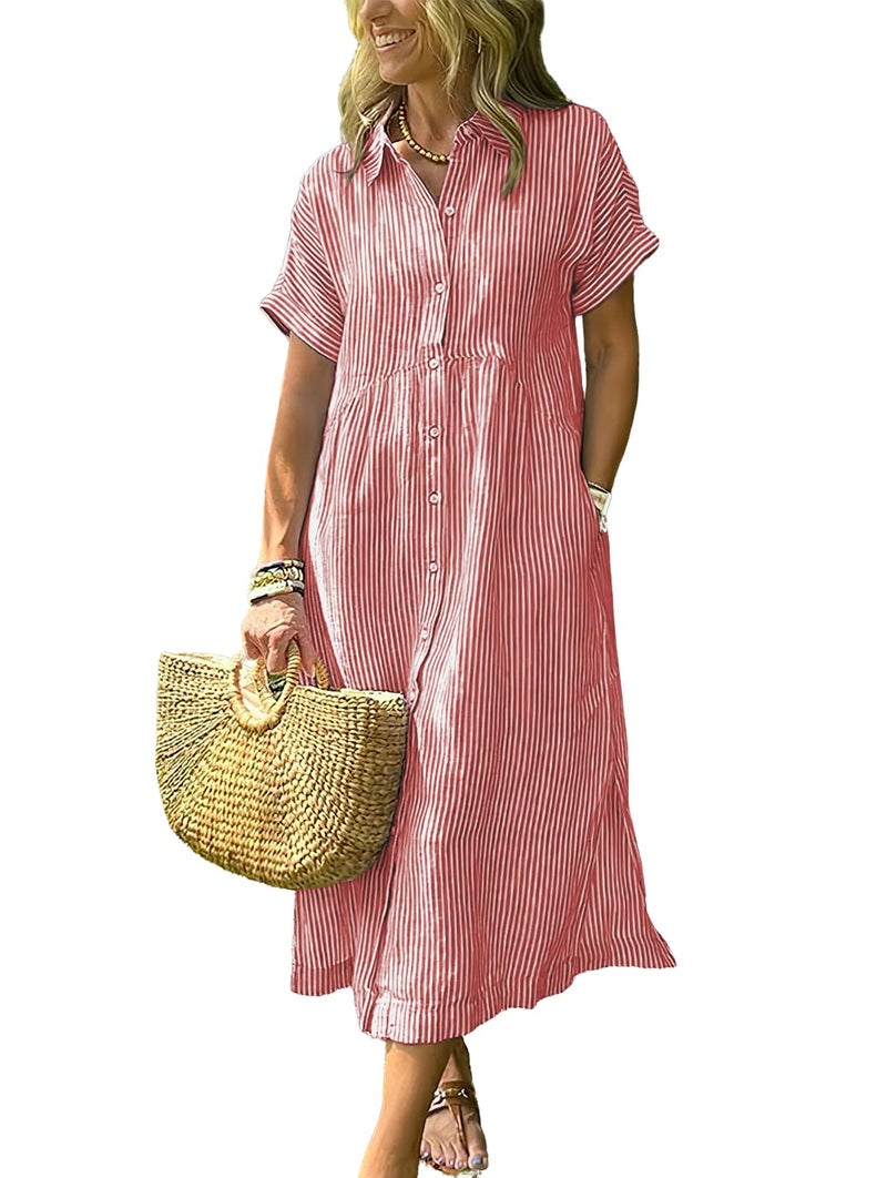 ebossy Women's Boho Striped Shirt Dress Button Up Side Slit Loose Mid Long Cotton Dress with Pockets (2XL, Rose) - Image 1