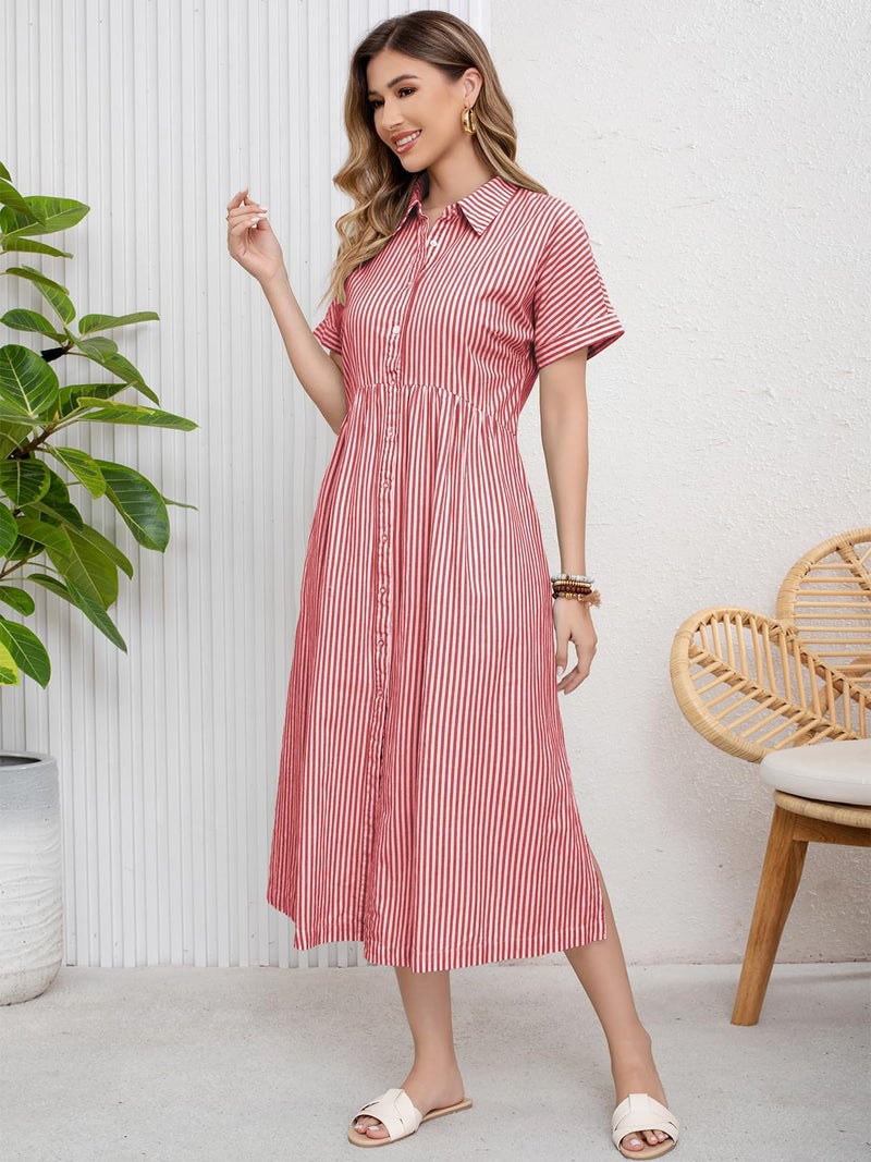 ebossy Women's Boho Striped Shirt Dress Button Up Side Slit Loose Mid Long Cotton Dress with Pockets (2XL, Rose) - Image 4