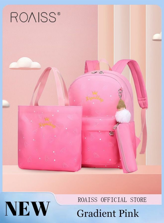roaiss 3pcs Starry Sky Printing Cute Functional Backpack Set Large Capacity Schoolbag and Shoulder Bag and Pencil Case with Doll Pendant for Kids/Girls Waterproof Large Capacity School Bag  - Image 1