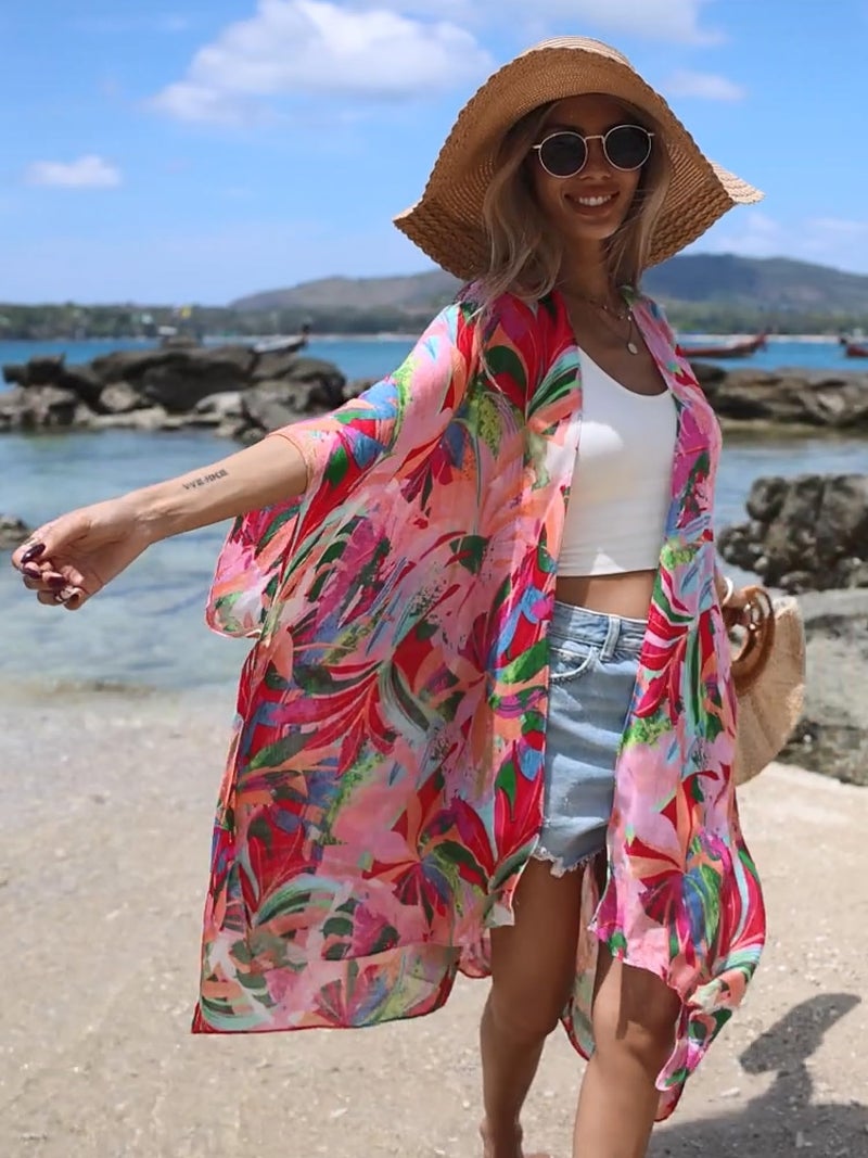 Moss Rose Women's Beach Cover up Swimsuit Kimono Cardigan with Bohemian Floral Print Multicolor - Image 2