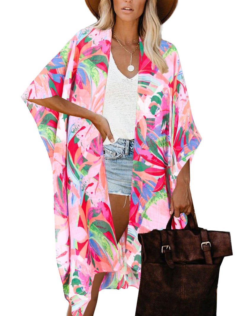 Moss Rose Women's Beach Cover up Swimsuit Kimono Cardigan with Bohemian Floral Print Multicolor - Image 1