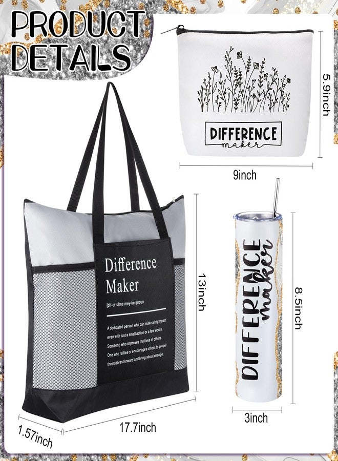 Sieral 3 Pcs Graduation Appreciation Gift, Difference Maker Employee Gift Set for Women, 20oz Stainless Steel Tumbler with Tote Bag and Cosmetic Bag for Graduates Staff Coworker Teacher(Silver Gray) - Image 2