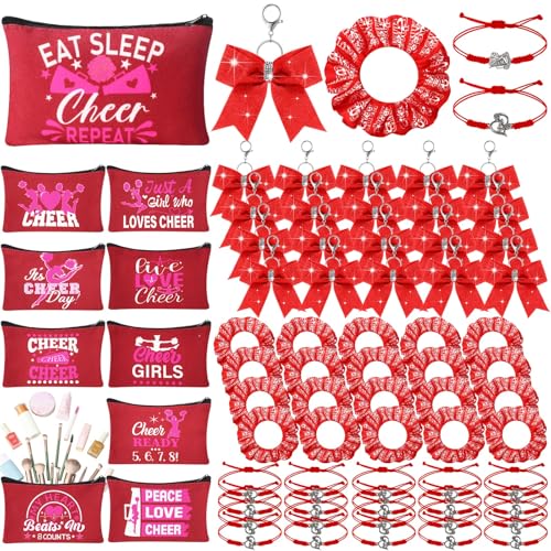 Mimorou 80 Pcs Cheer Gift Bulk for Team Cheerleader Gifts Include 20 Cheerleader Bracelet 20 Cheer Makeup Bag 20 Keychain 20 Scrunchies for Cheerleading Party FavorsRed - Image 1