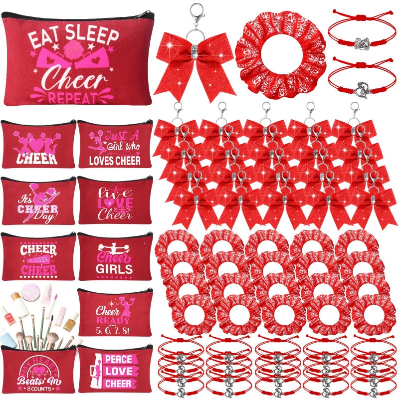 Mimorou 80 Pcs Cheer Gift Bulk for Team Cheerleader Gifts Include 20 Cheerleader Bracelet 20 Cheer Makeup Bag 20 Keychain 20 Scrunchies for Cheerleading Party FavorsRed - Image 2