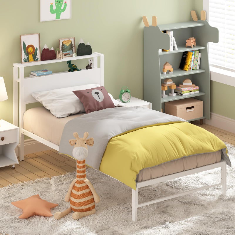 Weehom Twin Bed Frames for Kids Twin Size Bed with 2 Tiers Wood Shelves Headboard No Box Spring Needed Easy Assembly Heavy Duty Metal Plaform White