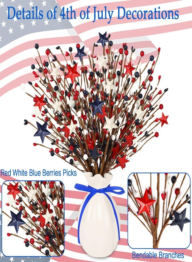 JUNEBRUSHS 6 Pack Patriotic Artificial Berry Stem Picks Red White and Blue Artificial Art Flowers Berry 4th of July Floral Picks with 2 Roll Ribbons for Bouquet Garland Table Centerpieces Home Decor - Image 3