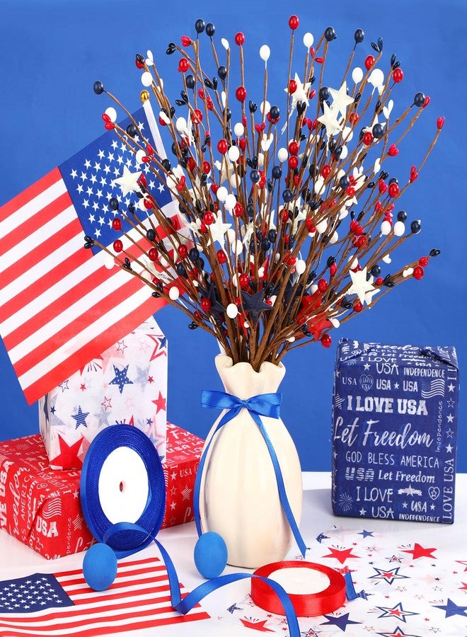 JUNEBRUSHS 6 Pack Patriotic Artificial Berry Stem Picks Red White and Blue Artificial Art Flowers Berry 4th of July Floral Picks with 2 Roll Ribbons for Bouquet Garland Table Centerpieces Home Decor - Image 4