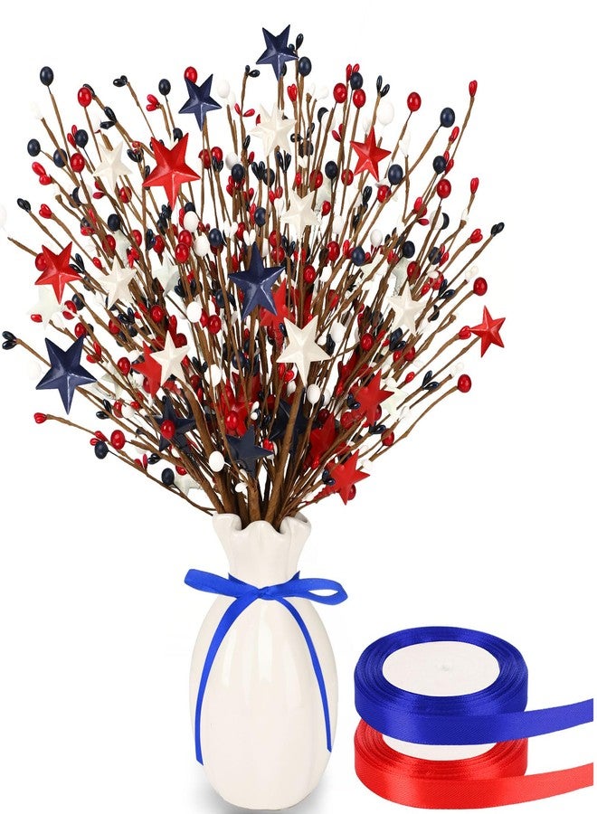 JUNEBRUSHS 6 Pack Patriotic Artificial Berry Stem Picks Red White and Blue Artificial Art Flowers Berry 4th of July Floral Picks with 2 Roll Ribbons for Bouquet Garland Table Centerpieces Home Decor - Image 1