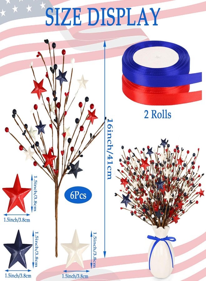 JUNEBRUSHS 6 Pack Patriotic Artificial Berry Stem Picks Red White and Blue Artificial Art Flowers Berry 4th of July Floral Picks with 2 Roll Ribbons for Bouquet Garland Table Centerpieces Home Decor - Image 2