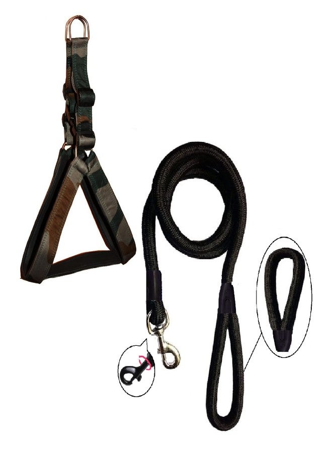 Hachiko:-(Combo of 2) Nylon Padded Adjustable Dog Harness+Rope(Large,Army-Black) - Image 1