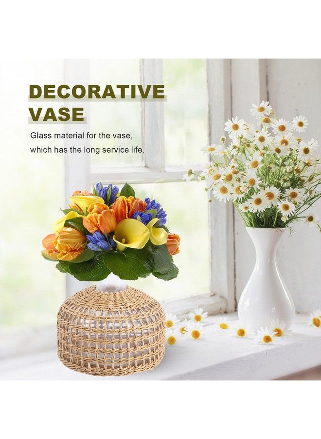 DOITOOL Glass Flower Vase With Rattan Cover Farmhouse Flower Bud Vase Round Decorative Flower Vase Floral Container Flower Bottle For Floral Arrangements Housewarming Party Home Decor (L+Xs) - Image 5