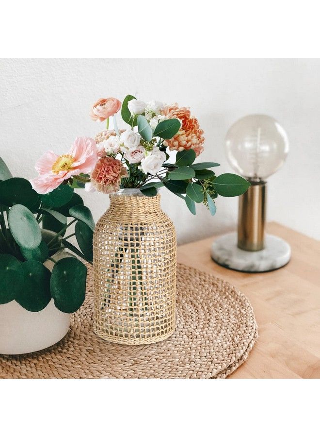DOITOOL Glass Flower Vase With Rattan Cover Farmhouse Flower Bud Vase Round Decorative Flower Vase Floral Container Flower Bottle For Floral Arrangements Housewarming Party Home Decor (L+Xs) - Image 3