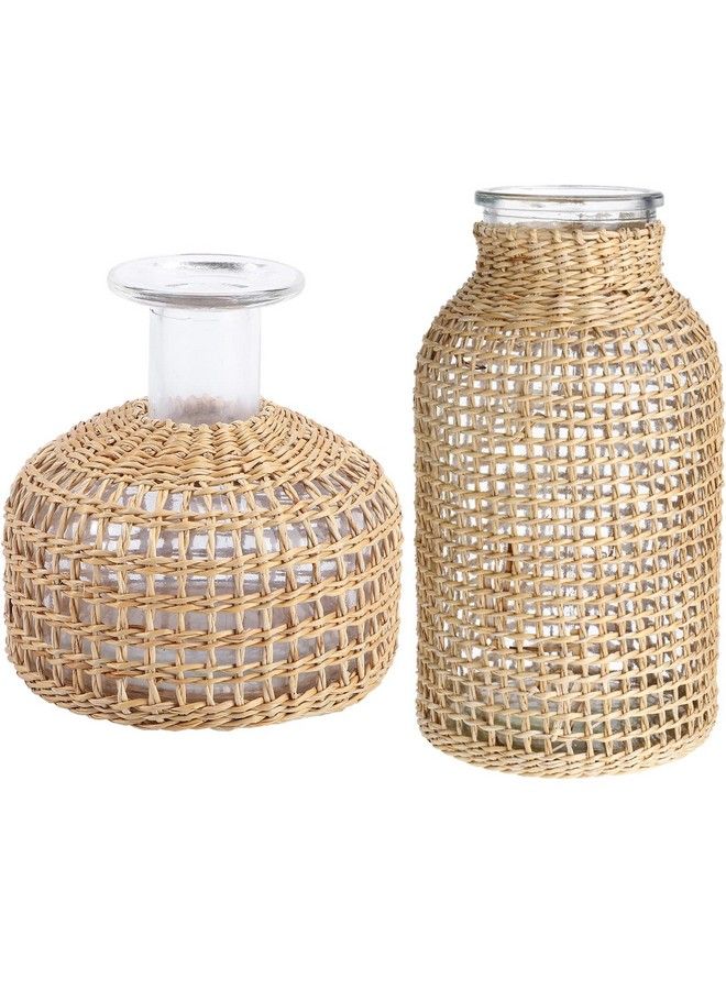 DOITOOL Glass Flower Vase With Rattan Cover Farmhouse Flower Bud Vase Round Decorative Flower Vase Floral Container Flower Bottle For Floral Arrangements Housewarming Party Home Decor (L+Xs) - Image 1