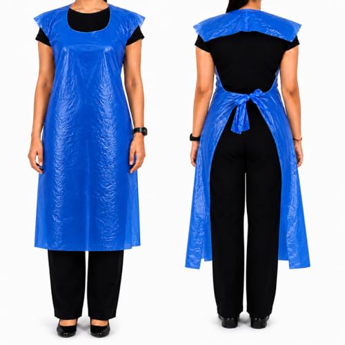 C-Cure Disposable Waterproof Plastic Apron for Kitchen, Dental Clinic, Dog Bathing & Painting – LDPE Material, Oil & Fluid Resistant, One Size Fits All, Pack of 25 (Blue) - Image 1