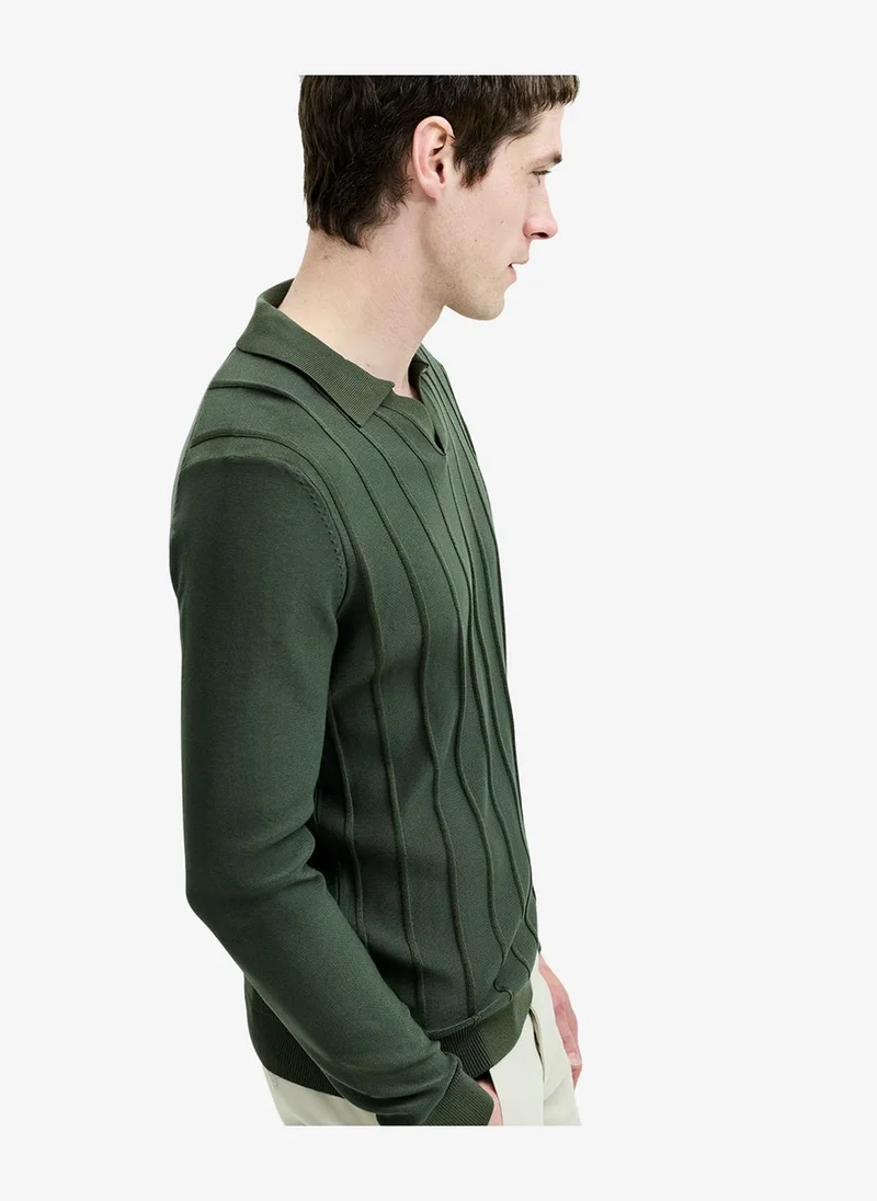 French Connection  Men's Open Collar Vertical Stitch Green Knit Top for Men | Best Price UAE