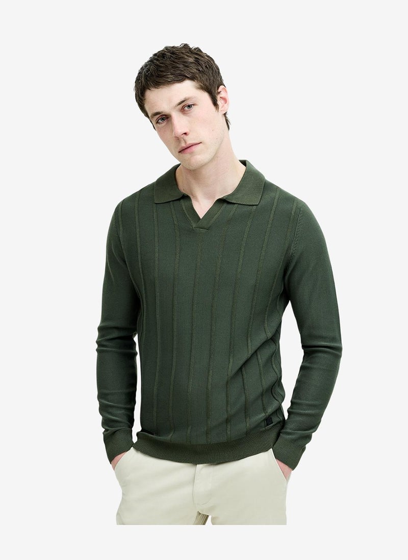 French Connection Men's Open Collar Vertical Stitch Green Knit Top - Image 1