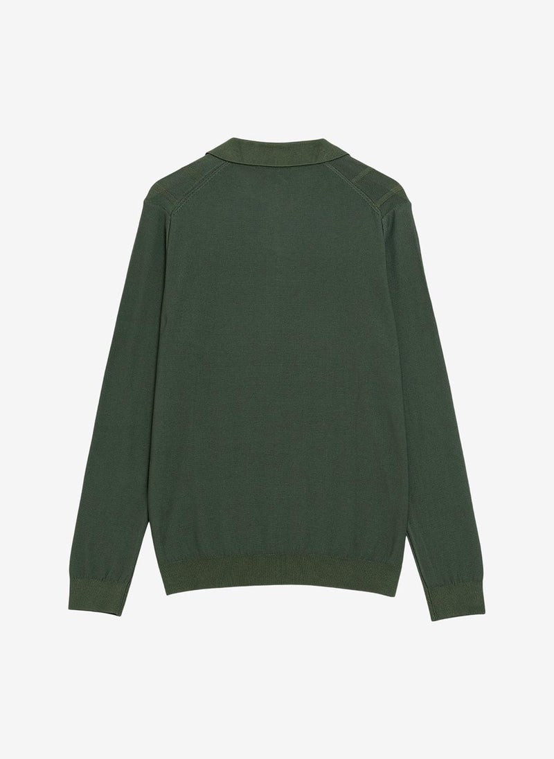 French Connection Men's Open Collar Vertical Stitch Green Knit Top - Image 4