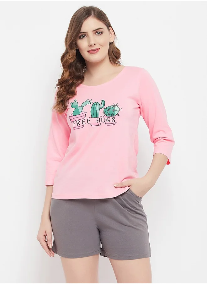 Clovia Clovia Cactus Print Top in Baby Pink & Chic Basic Shorts in Grey - 100% Cotton